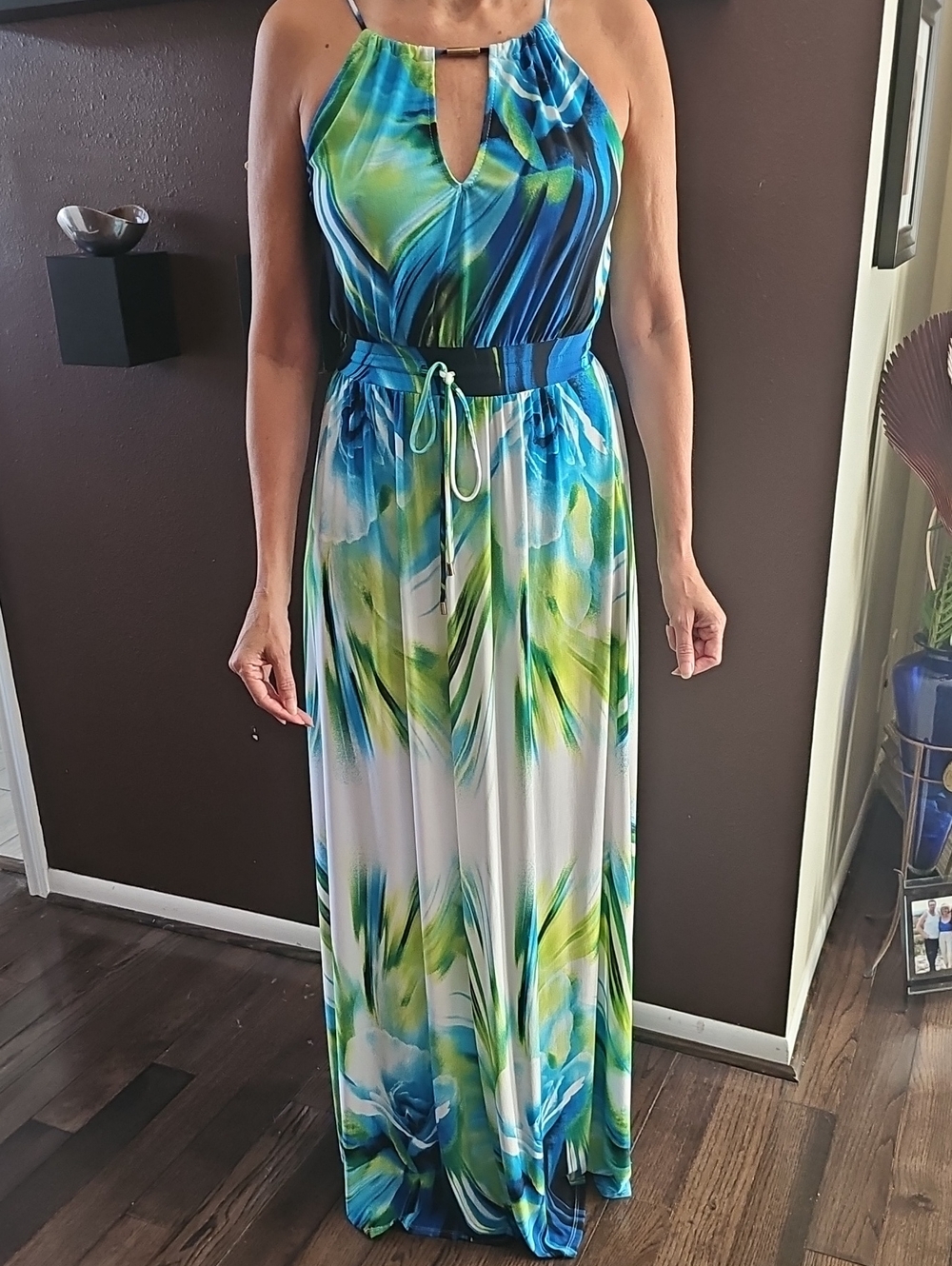 Glamazon -Blue & Green Halter Maxi Dress with Drawstring Waist - SIZE S